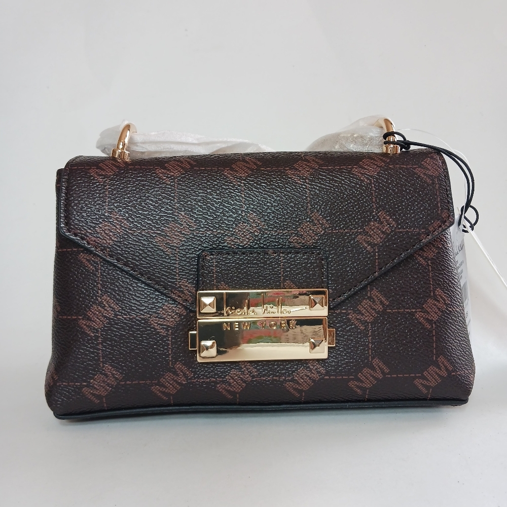 Nicole Miller Vegan Leather Brown With Gold Tone Details Cross Body Purse NWT